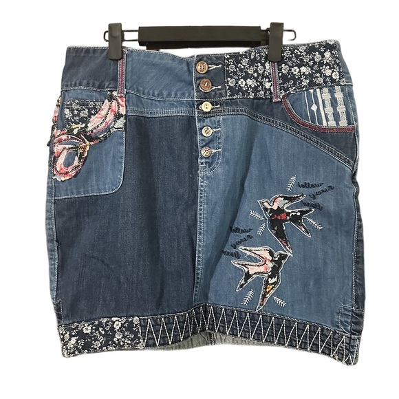 Joe Browns Dresses & Skirts - Joe Browns Multicolour Blue Patchwork Denim Skirt with Bird Embroidery Sz 12